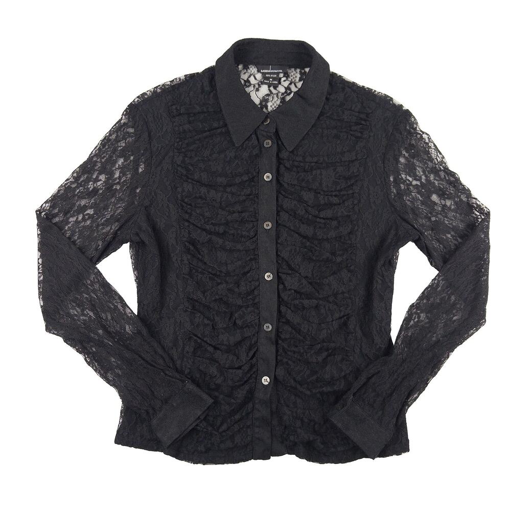 Moda International Black Lace Button Top VTG Women M Sheer Witchy Goth Y2K 90s